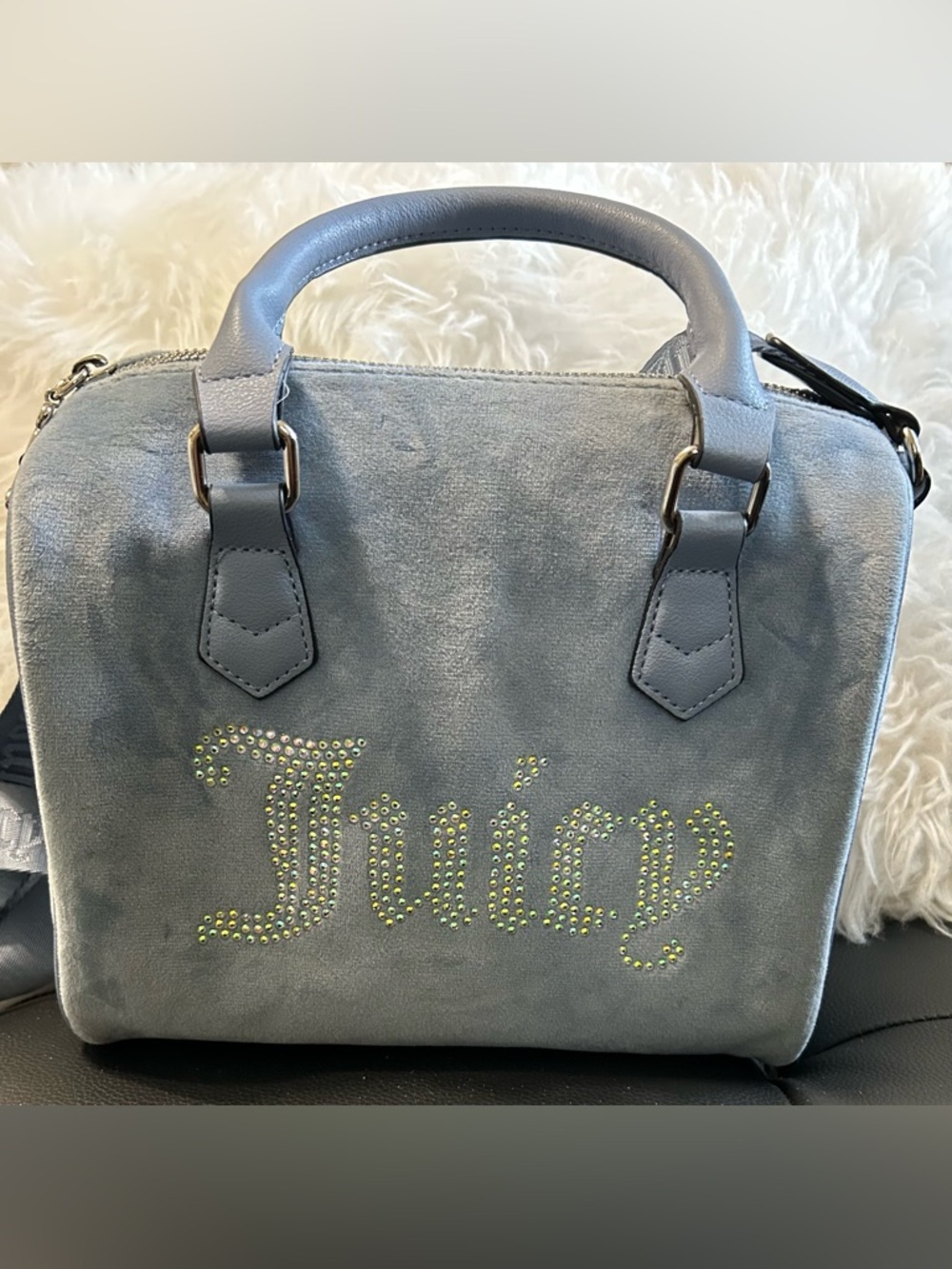 NEW Juicy Couture Velour Obsession Slate Blue Satchel w/Iridescent Crystal Logo